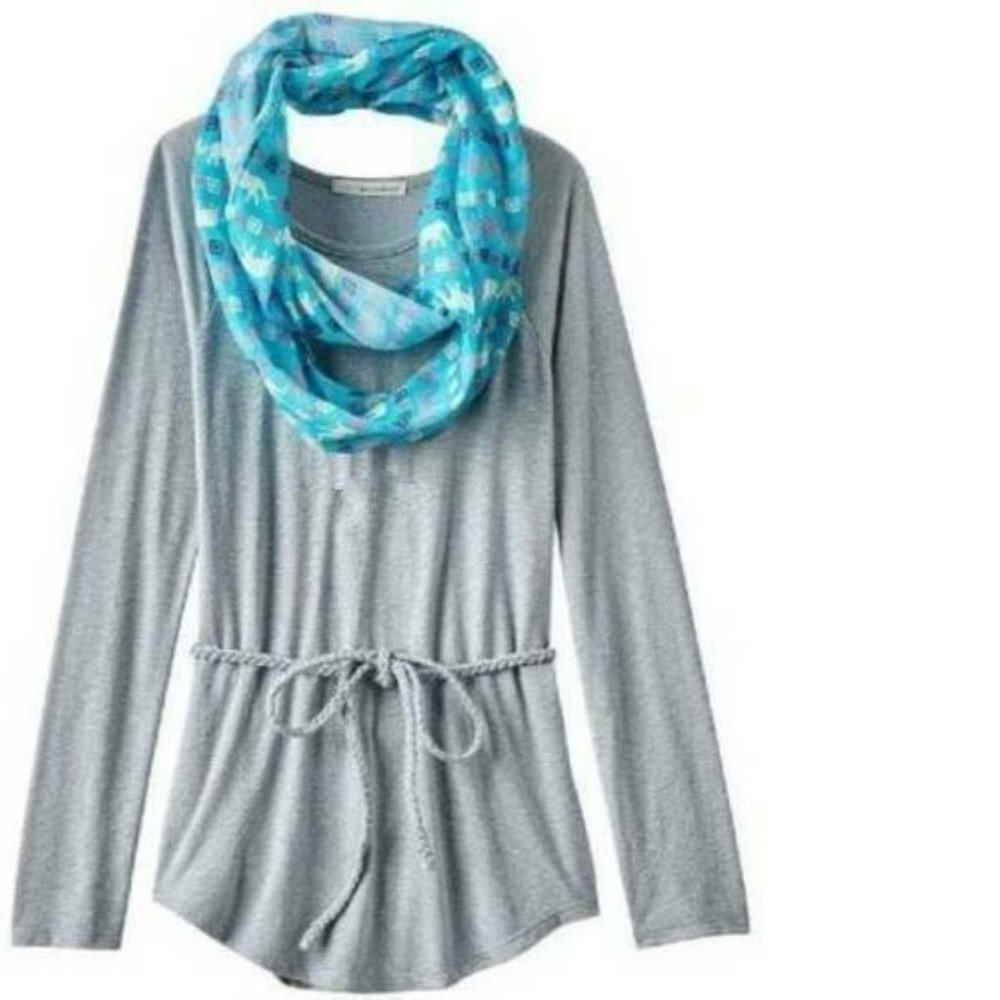Girls Shirt & Scarf 20.5 Gray Long Sleeve Tunic Belted Top & Blue Set Plus